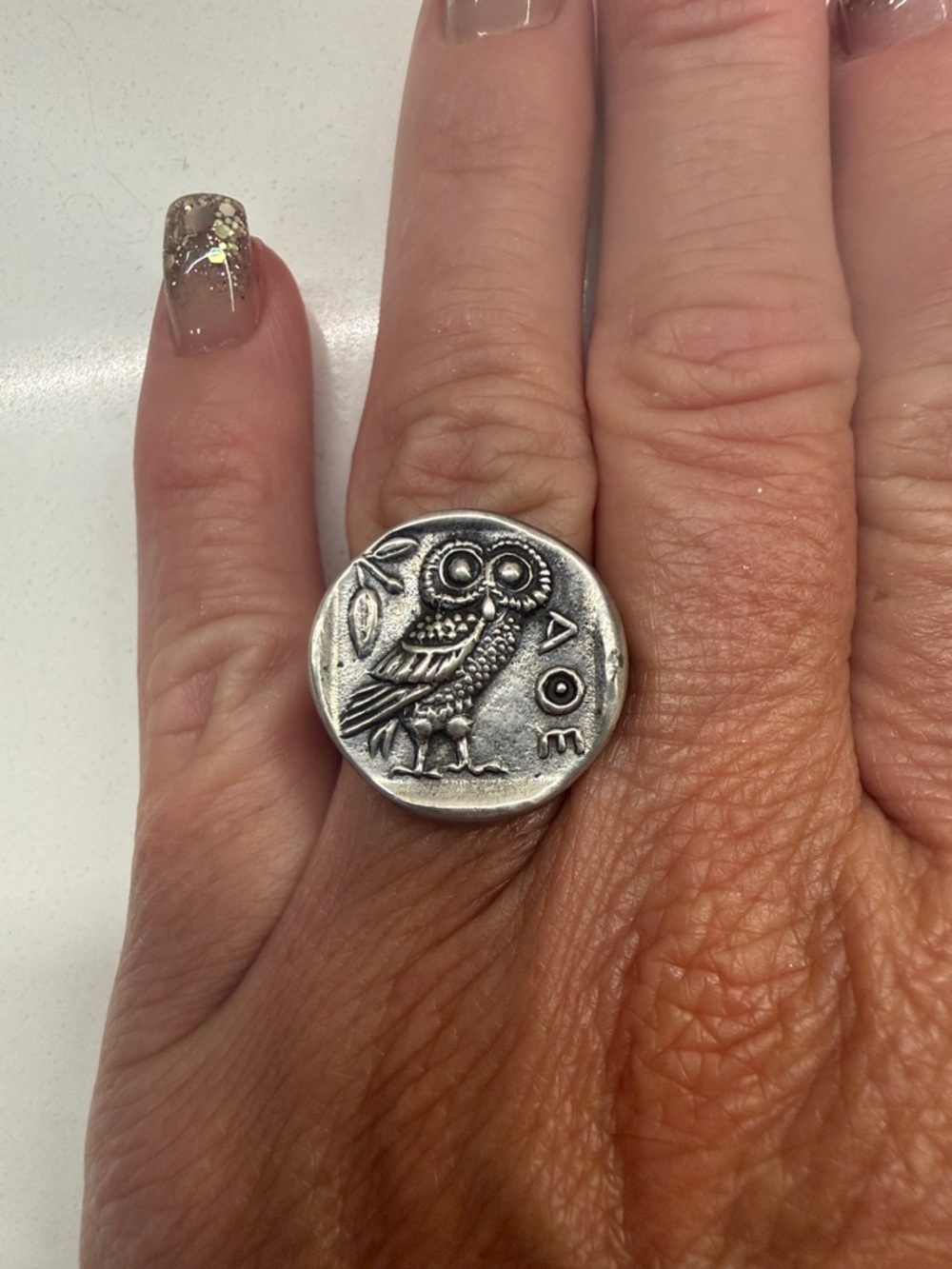 925 Sterling Silver Athena Owl Coin Ring – Approx Size 7 8